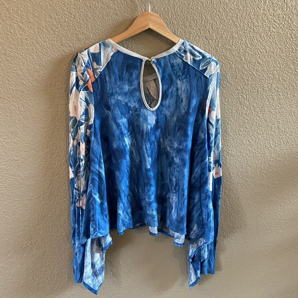 Anthropologie Meadow Rue Linen Fields Swing Top Blue Floral Asymmetric boho art - Picture 5 of 12